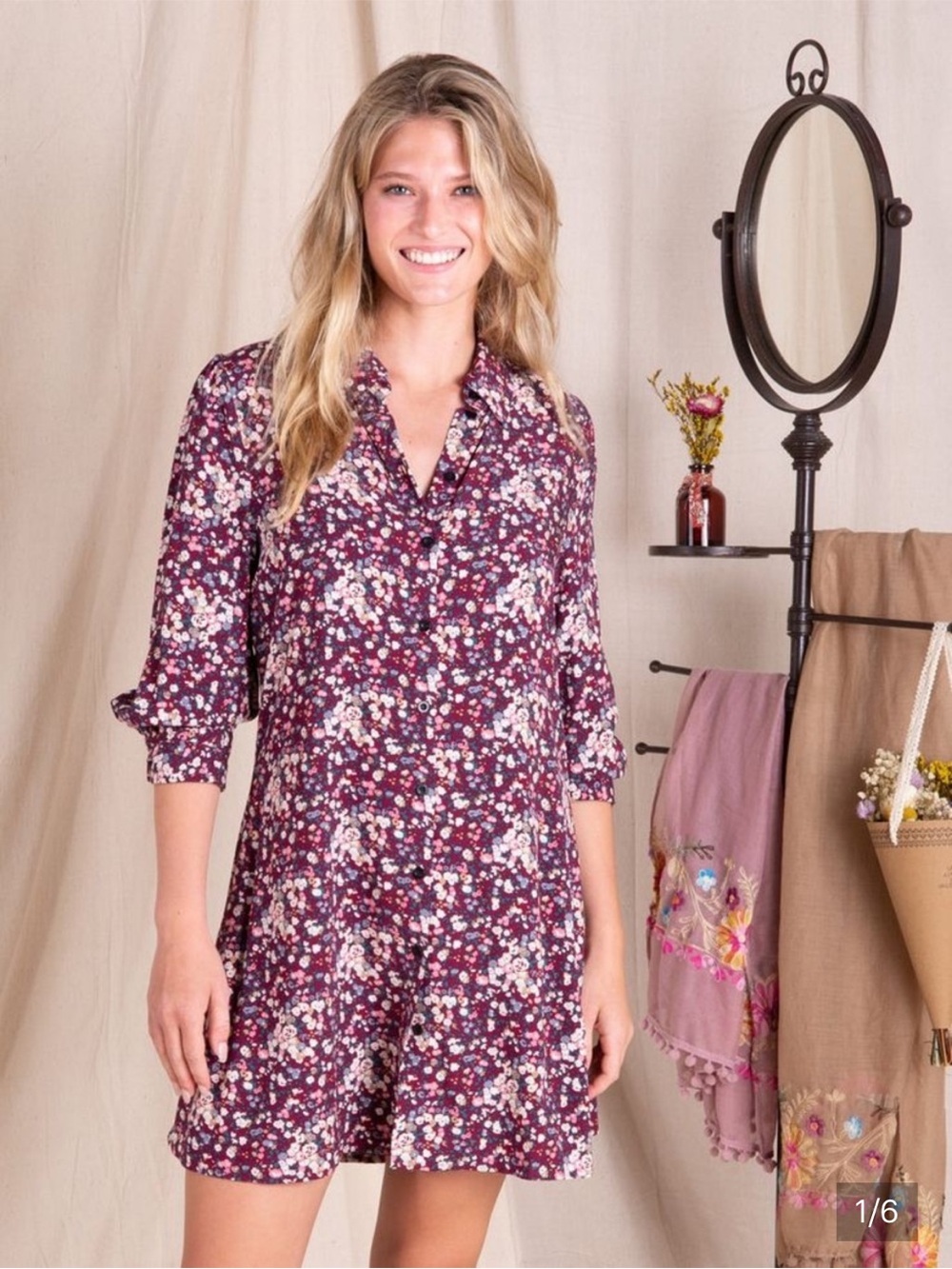 NATURAL LIFE Plum Floral Button-Front Mini Dress Tunic